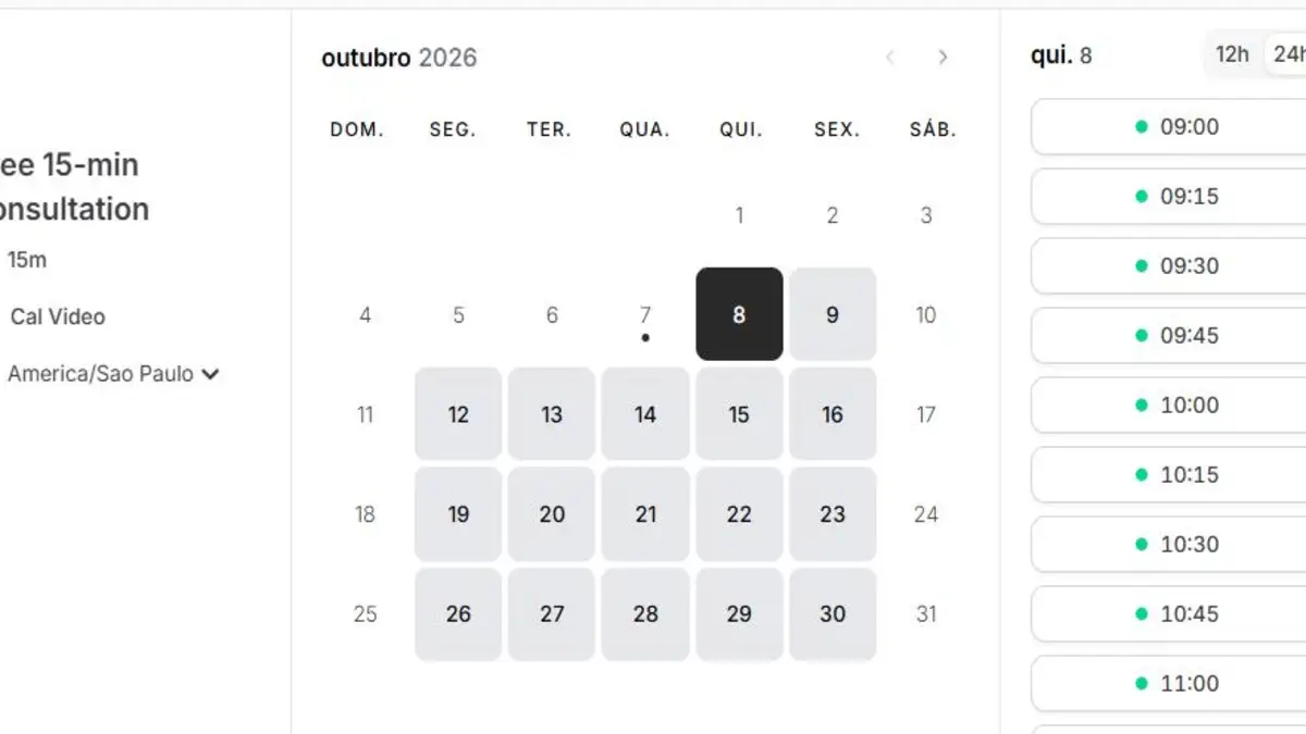 Cal.com public booking page with a free 15-minute consultation