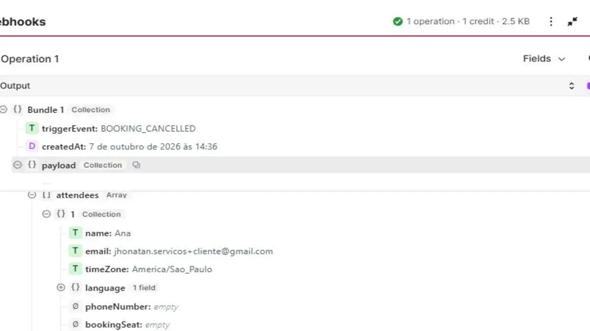 Make webhook output showing triggerEvent BOOKING_CREATED and the attendees array