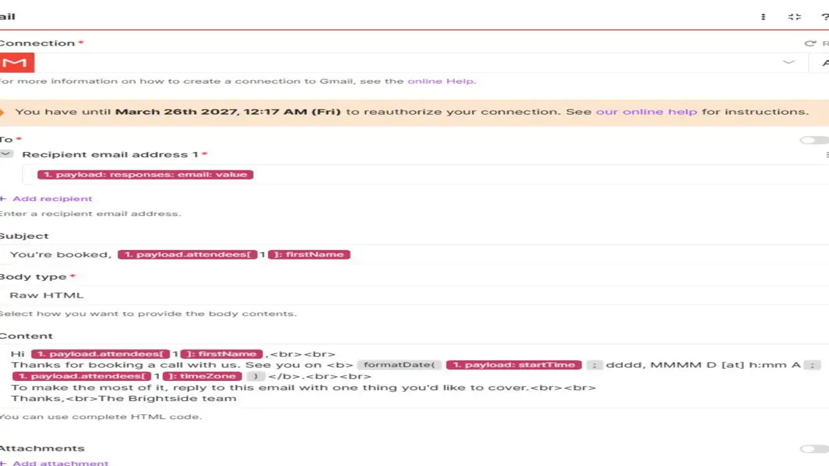 Gmail Send an email module for the Booked route with the client email, subject and Raw HTML content