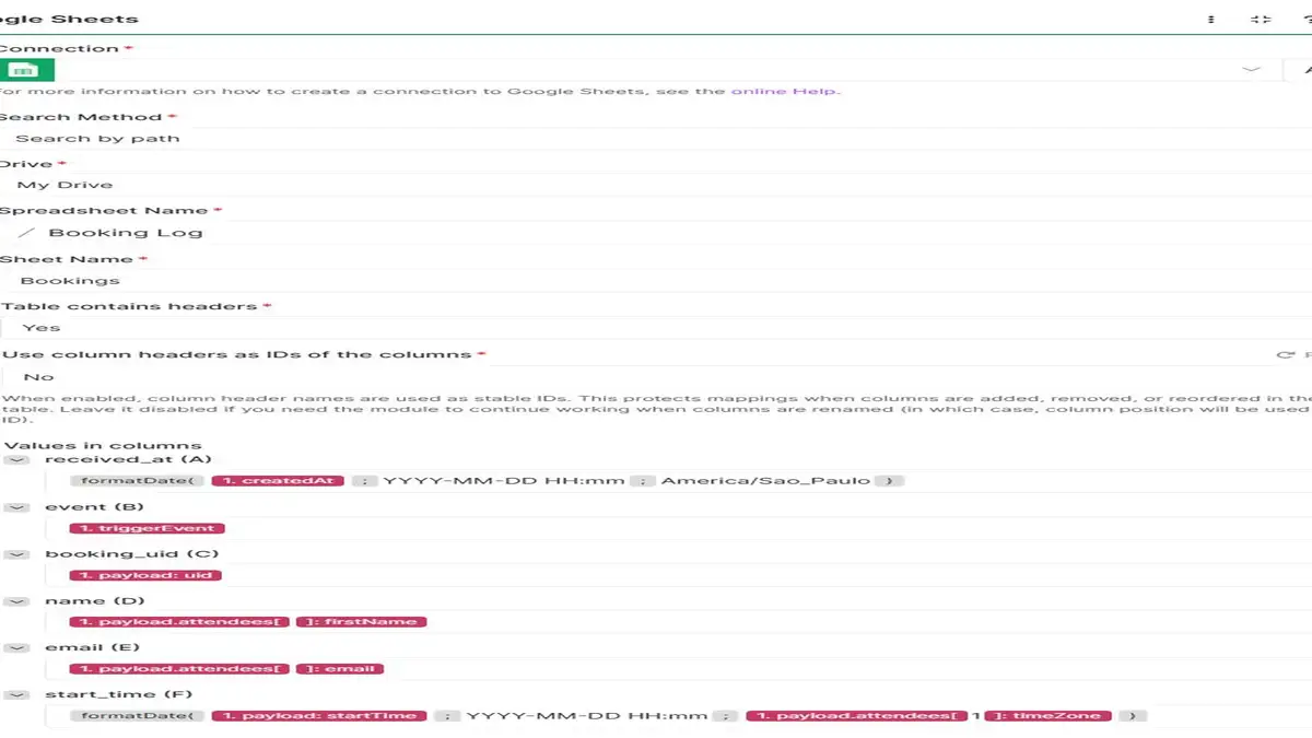Google Sheets Add a row module mapping the seven Booking Log columns