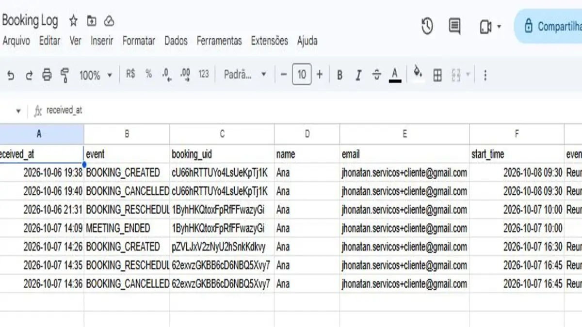 Booking Log sheet with created, rescheduled, cancelled and meeting ended rows