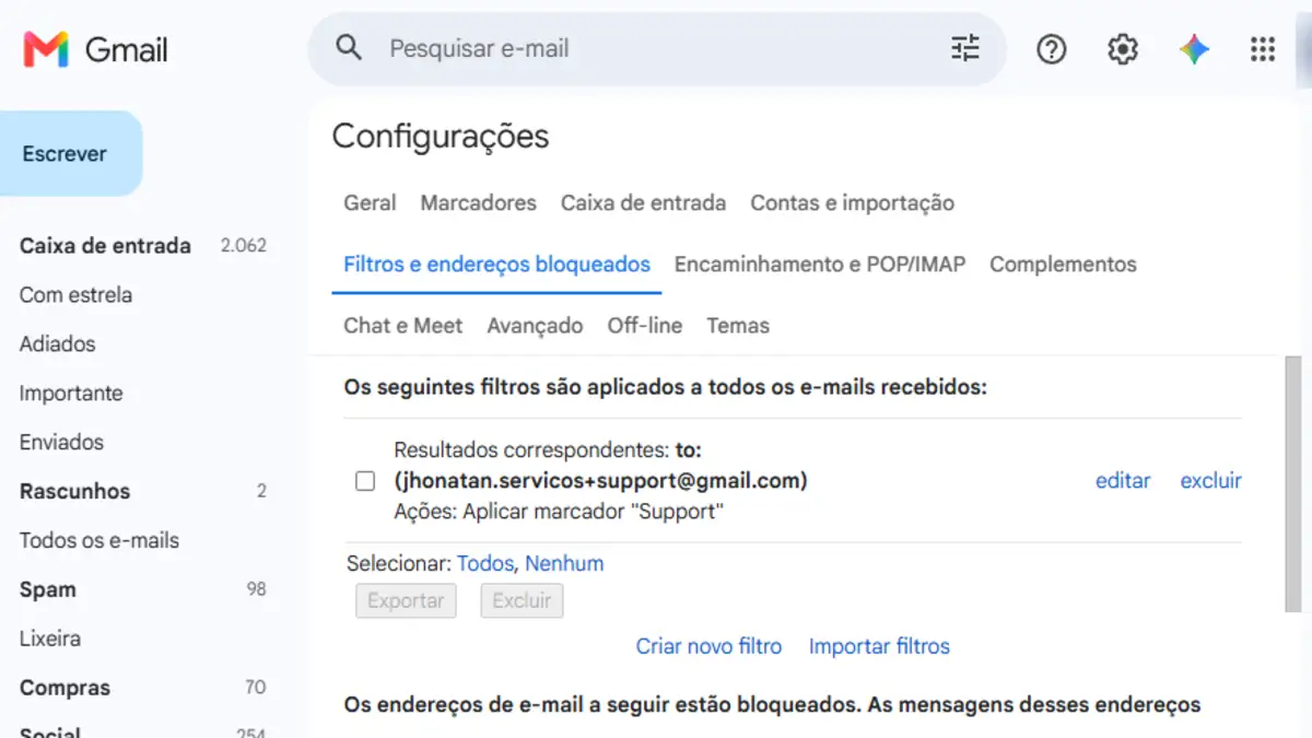 Gmail filter that applies the Support label to emails sent to the +support address