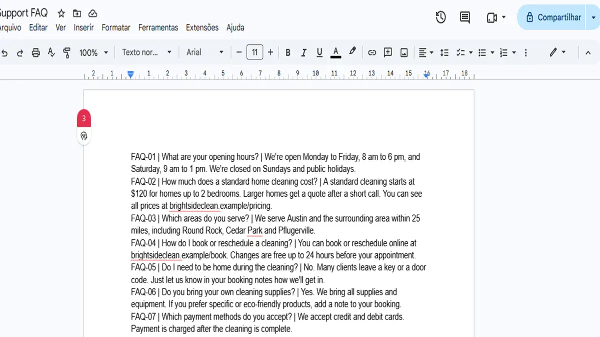 Google Doc called Support FAQ with seven approved questions and answers