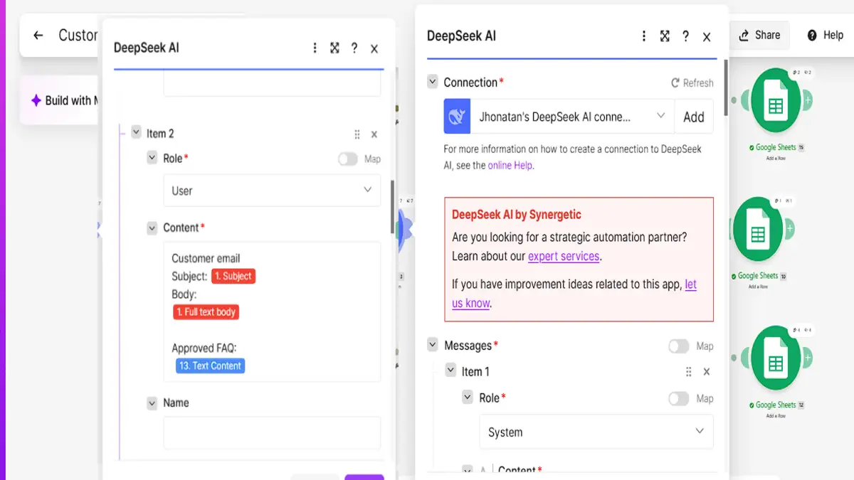 DeepSeek AI module in Make with the System and User messages; the User message maps subject, full text body and the FAQ text