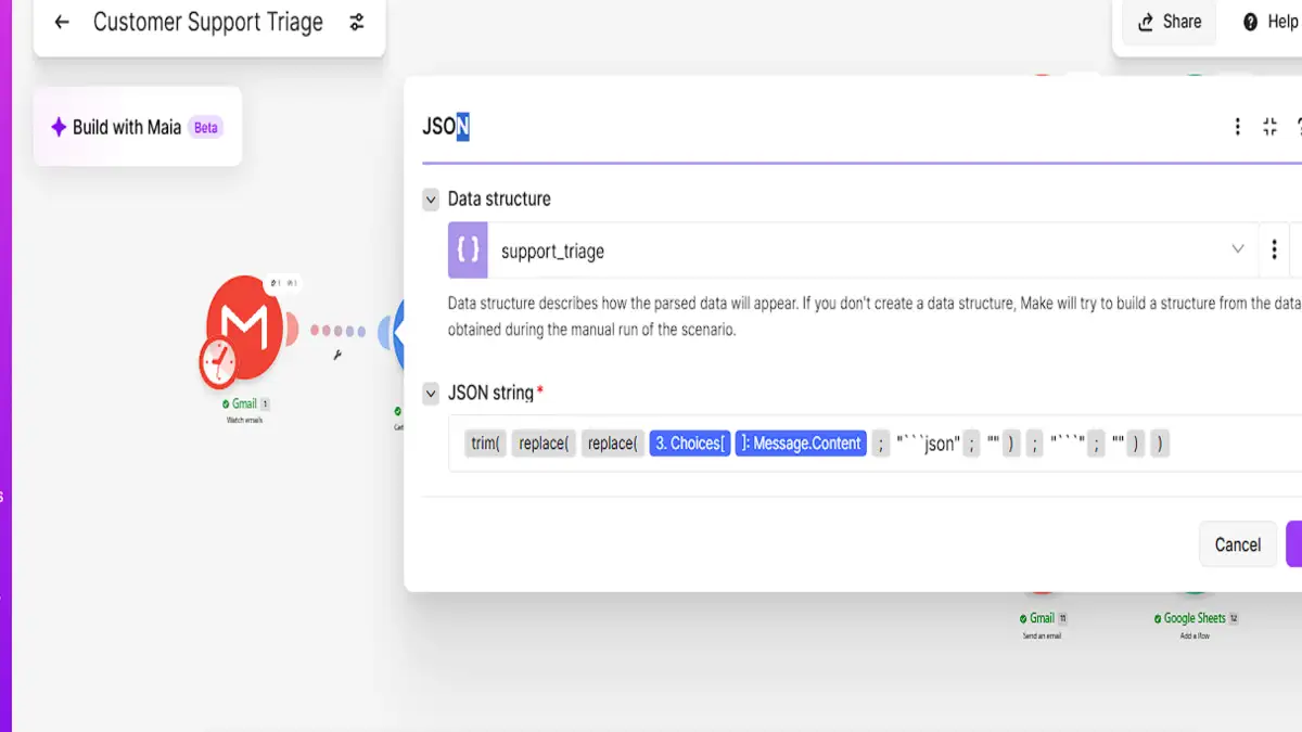 Parse JSON module with the support_triage data structure and the JSON string mapped from the DeepSeek answer