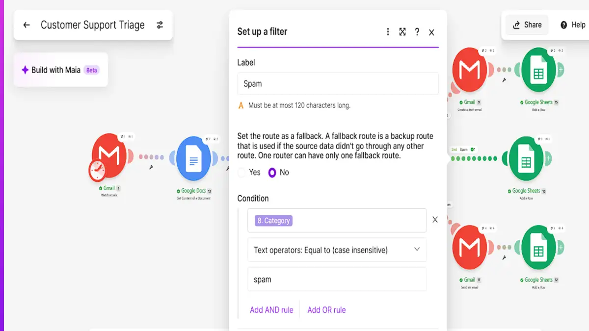 Make router filter for the Spam route: Category equal to spam, case insensitive