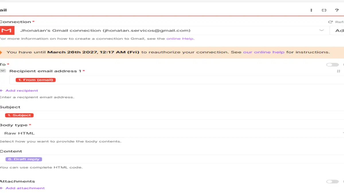 Gmail Create a draft module with To, Subject and Content mapped