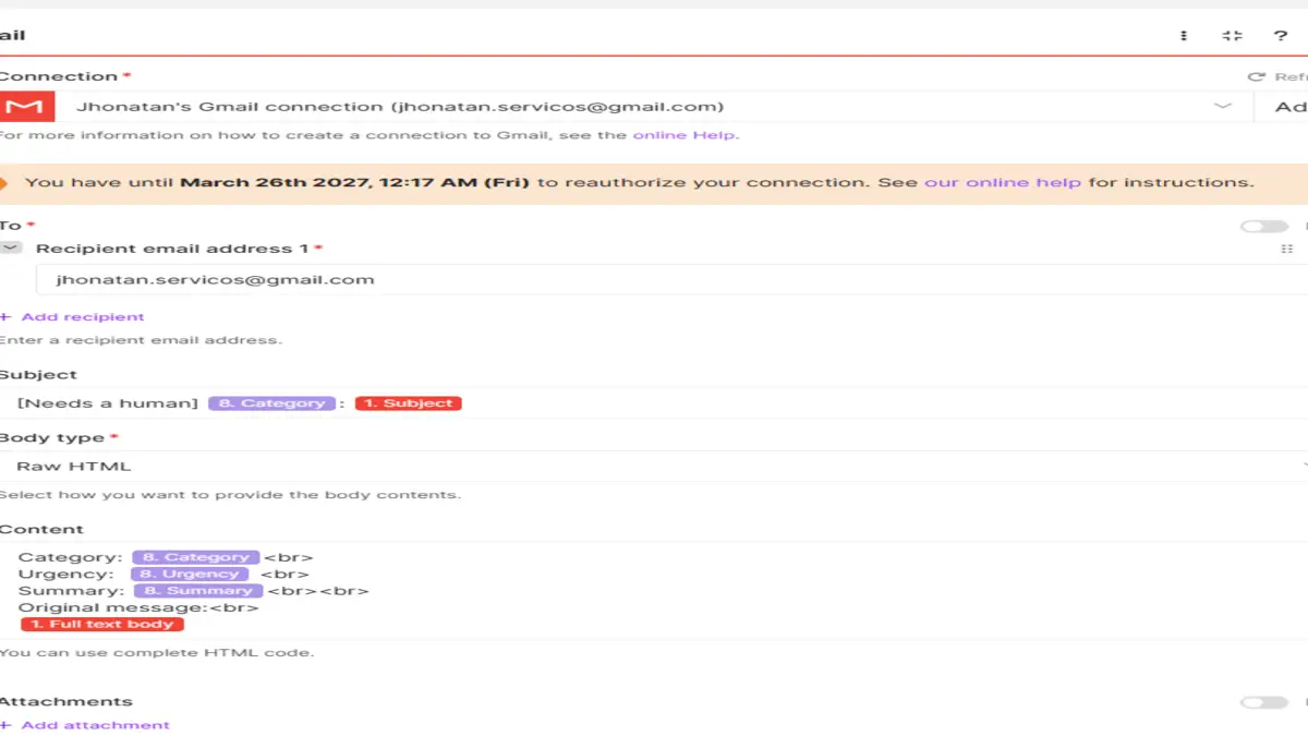 Gmail Send an email module for the Needs a human alert, with category, urgency, summary and original message