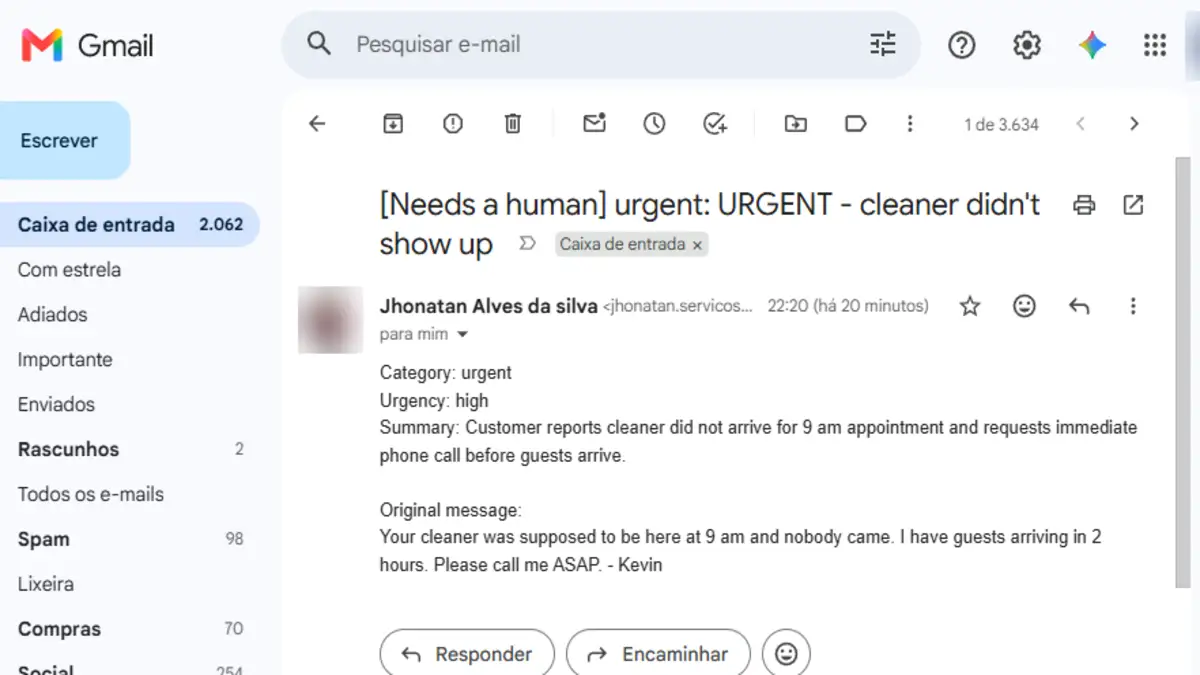 Alert email with subject [Needs a human] urgent, showing category, urgency, summary and the original message