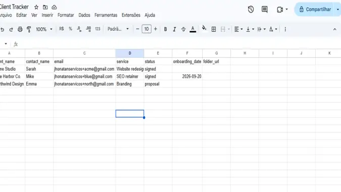 Google Sheets client tracker with client name, contact, email, service, status, onboarding date and folder URL columns