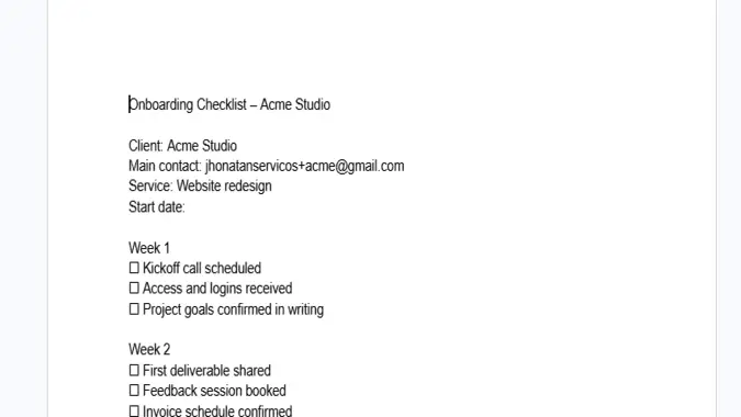 Onboarding checklist created in Google Docs with the client's name, contact, service and start date filled in