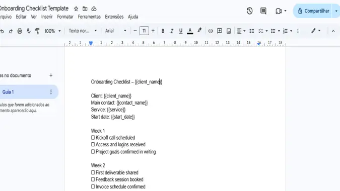 Google Docs onboarding checklist template with client name, contact, service and start date placeholders