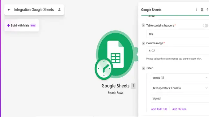Make Google Sheets Search Rows module filtering rows where status equals signed
