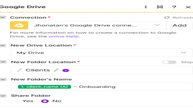 Make Google Drive Create a Folder module with the client name in the folder name and Share Folder set to No