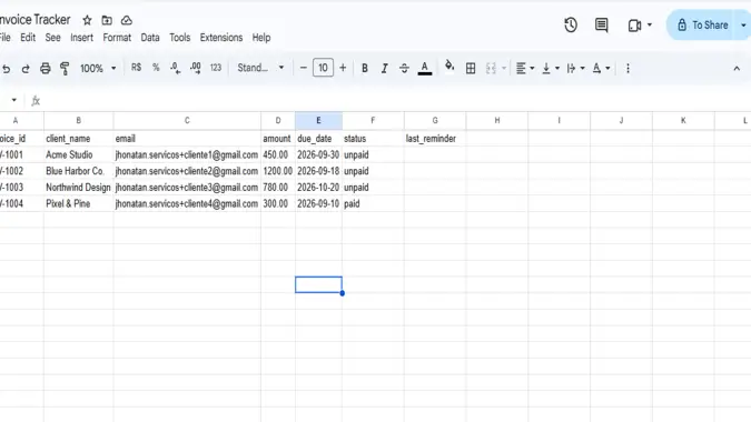 Google Sheets invoice tracker with invoice ID, client, email, amount, due date, status and last reminder columns