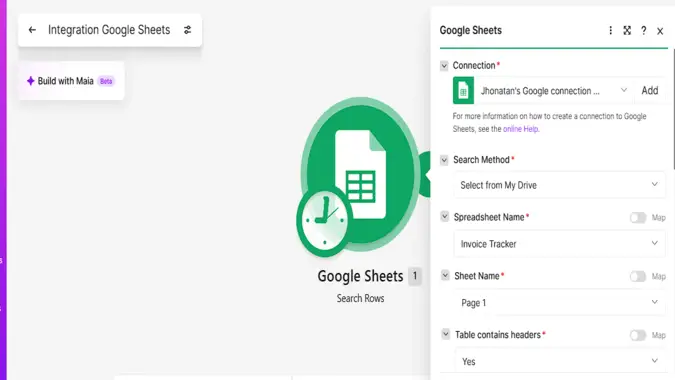 Make Google Sheets Search Rows module filtering rows where status equals unpaid
