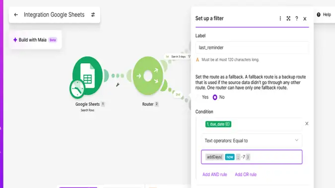 Make Gmail Send an Email module with client name, invoice ID and amount mapped from the sheet