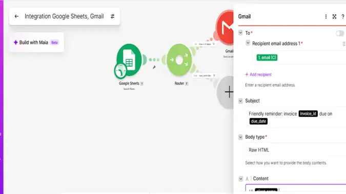 Complete Make scenario with Google Sheets search, router, two Gmail modules and two update row modules