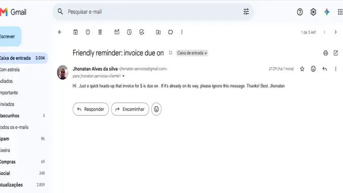 Overdue invoice reminder email received in Gmail