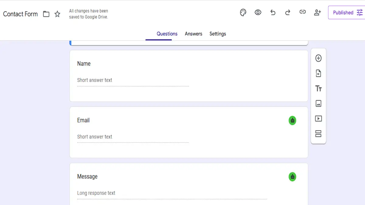 Google Forms contact form with Name, Email and Message questions