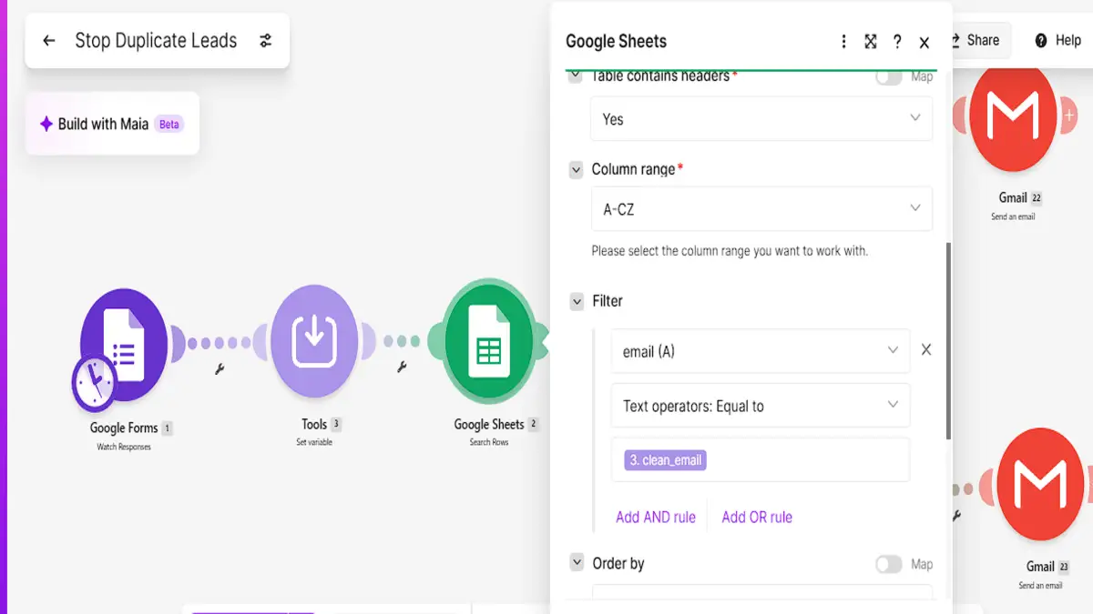 Search Rows filter comparing the email column with the clean_email variable