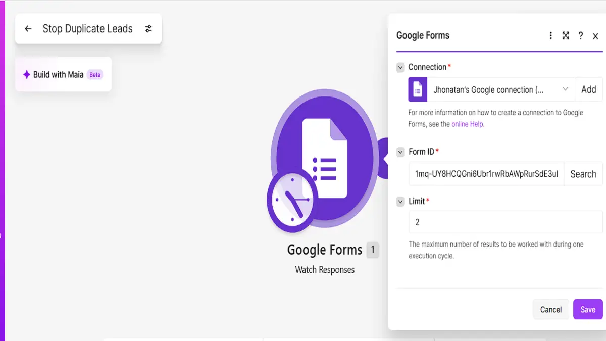 Make Google Forms Watch Responses module with the form selected and a limit of 2