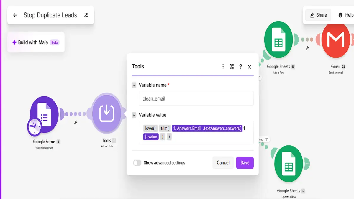 Make Tools Set variable module creating clean_email with lower and trim functions