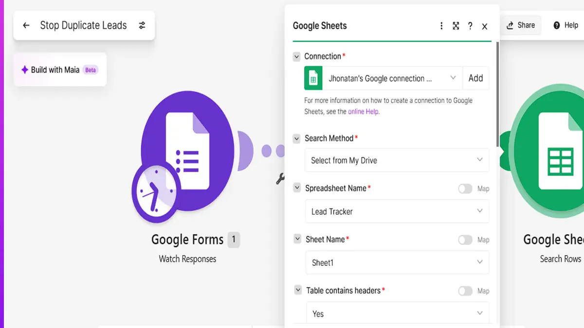 Make Google Sheets Search Rows module with the Lead Tracker spreadsheet and Sheet1 selected