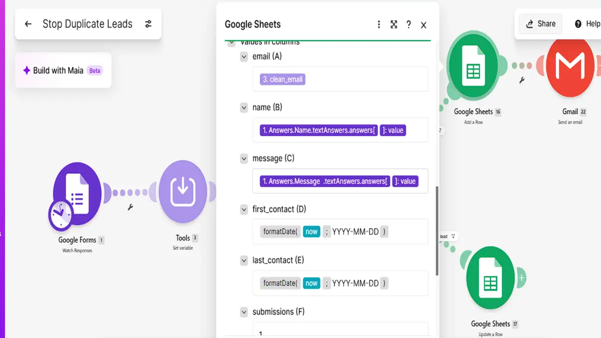 Make Google Sheets Add a Row module mapping clean_email, name, message, dates and submissions set to 1