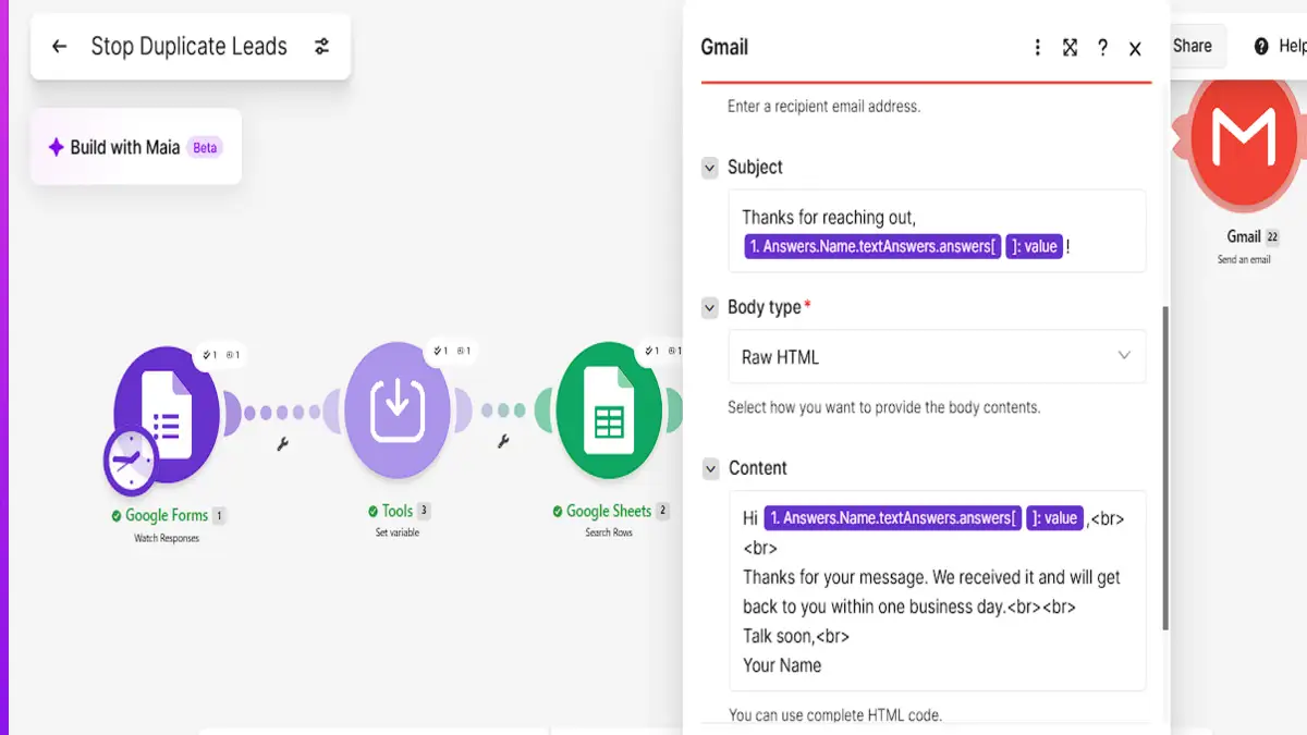 Make Gmail Send an Email module with the welcome subject and Raw HTML body