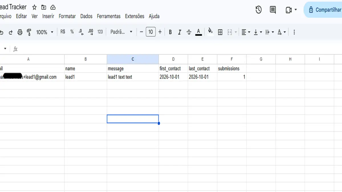 Lead Tracker sheet with one new lead row and submissions set to 1