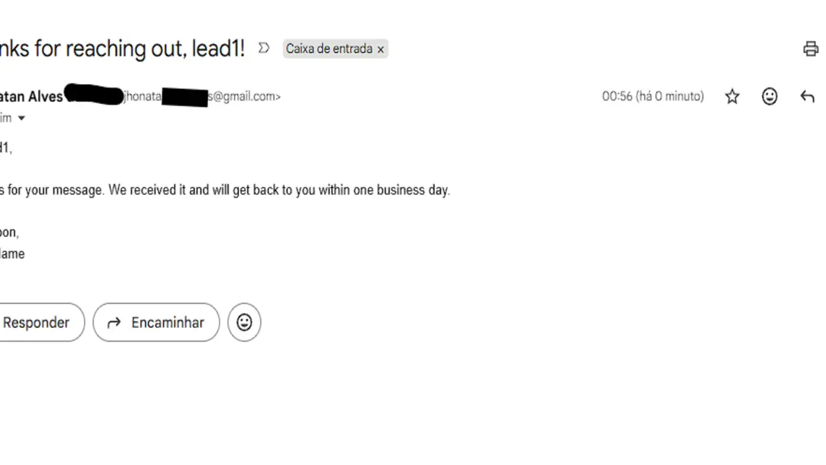 Welcome email received in Gmail with the subject Thanks for reaching out, lead1
